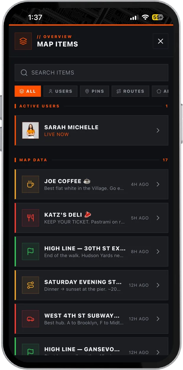 The list of a group's members, pins, routes and areas