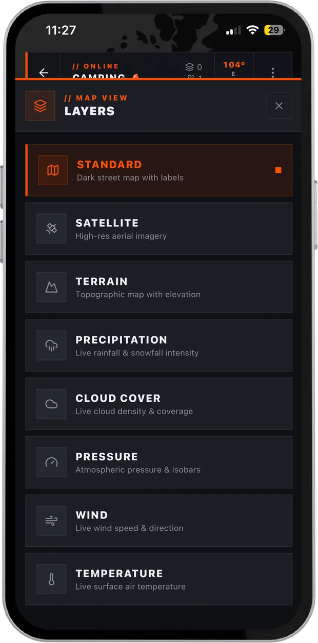 The map layer picker: standard, satellite, terrain and five weather layers