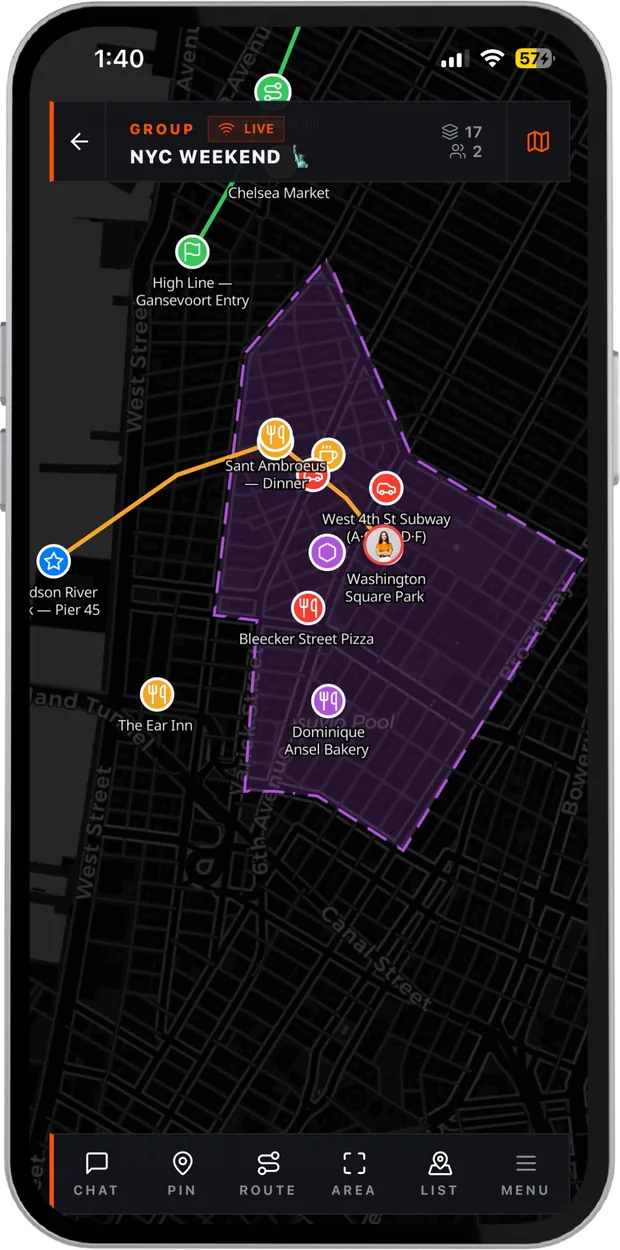 A group's live map of New York with a shaded area and members
