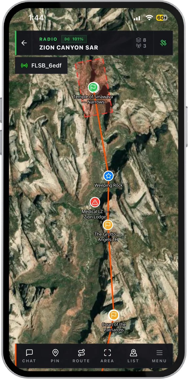 A radio group's route and pins over satellite imagery of Zion Canyon
